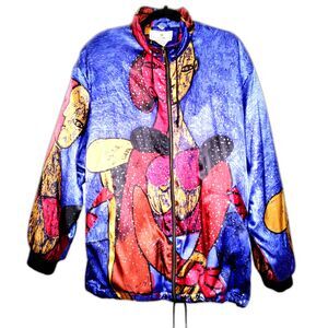 Vtg 80s Maggie Lawrence Womens Peacock Blue Picasso Satin Zip Plus Size Jack 18W